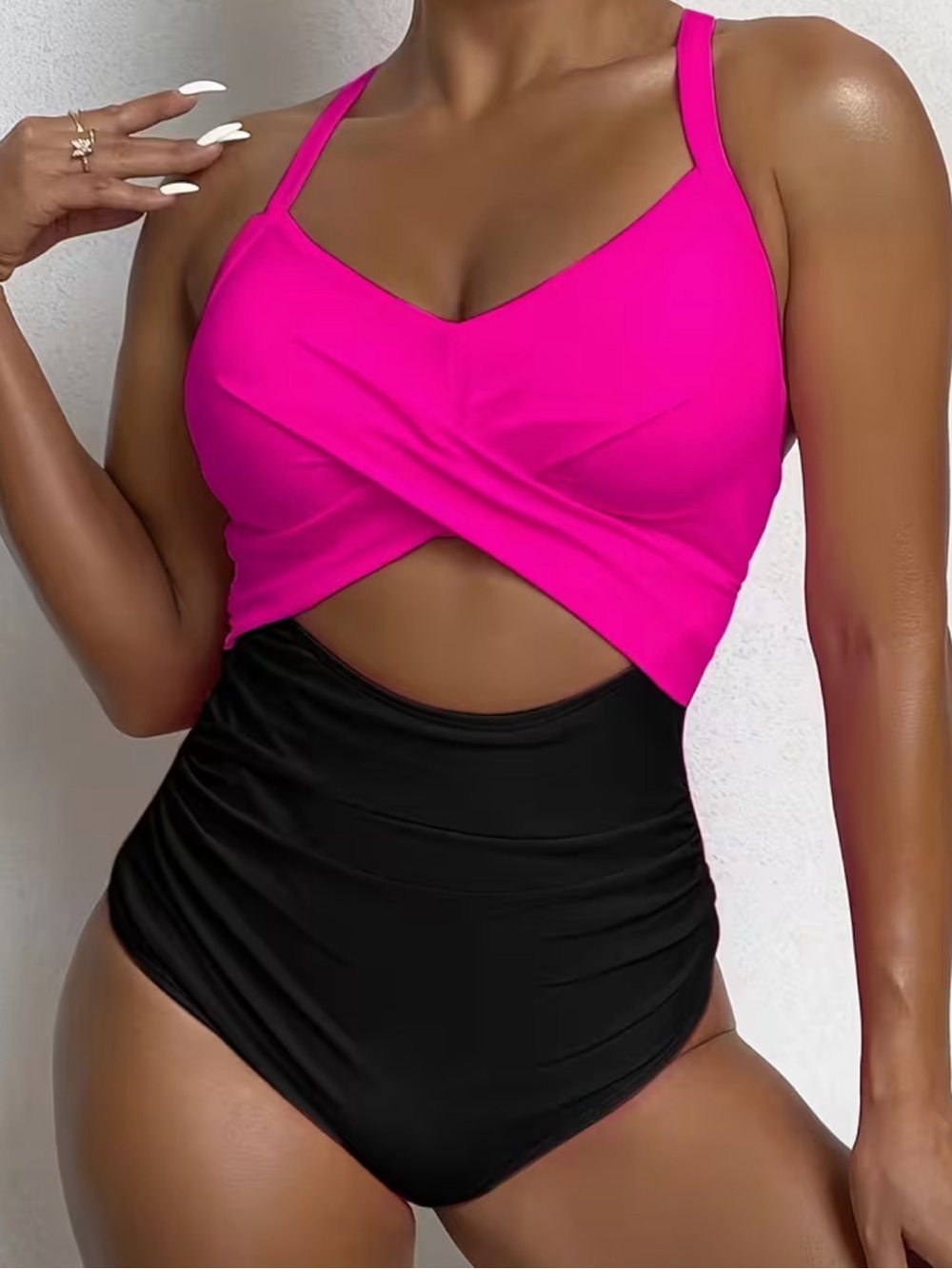 Hot Pink and Black Cutout One-Piece Swimsuit